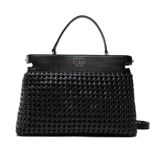 Guess, Sicilia Satchel, Polyester, Textile Handbag, Lined Compartment, Black, 37 x 27 x 14 cm