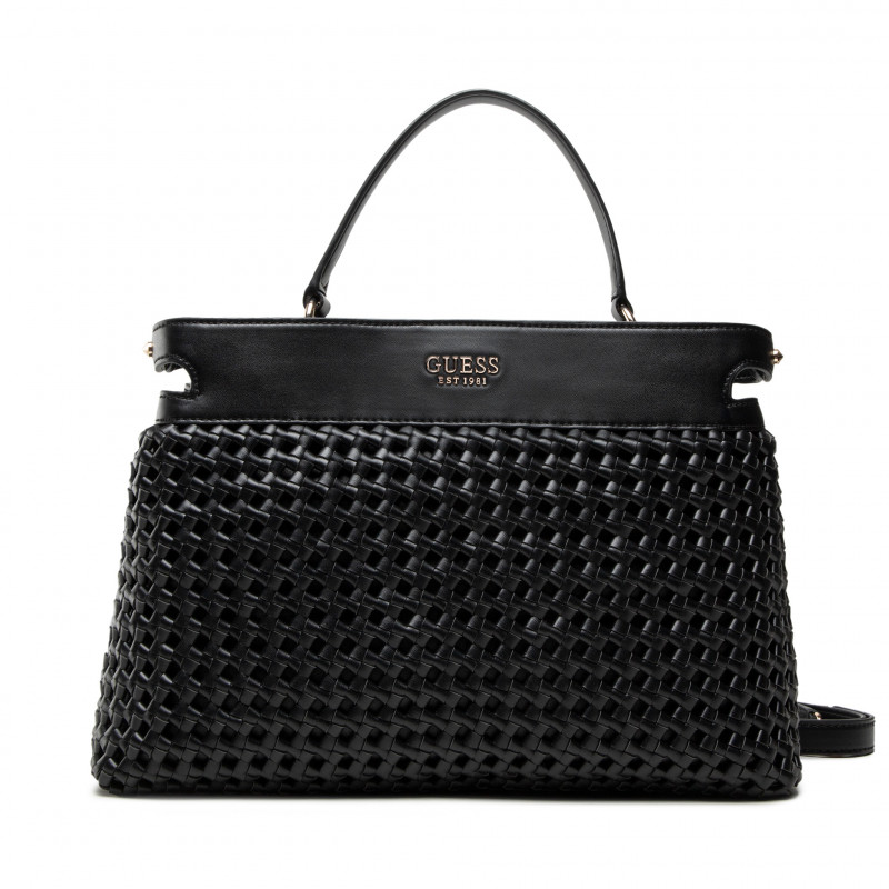 Guess, Sicilia Satchel, Polyester, Textile Handbag, Lined Compartment, Black, 37 x 27 x 14 cm