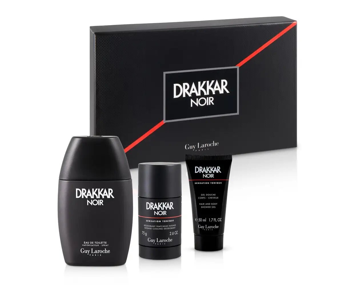 Set Guy Laroche: Drakkar Noir, Apă de toaletă, Bărbați, 100 ml + Drakkar Noir, Gel de duș, Toate tipurile de piele, 50 ml + Drakkar Noir, Anti-Perspirant, Deodorant, Bărbați, 150 ml